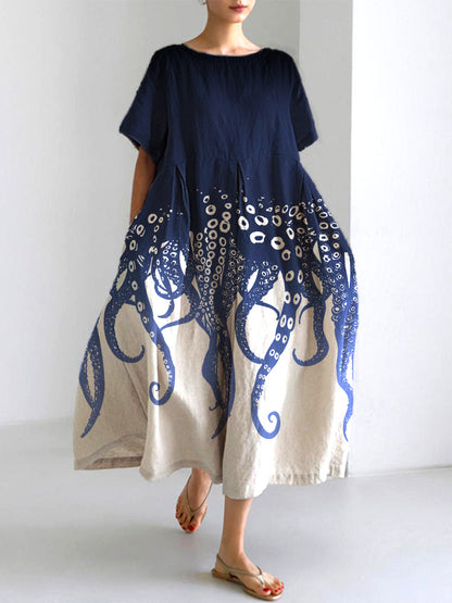 Comstylish Ocean Octopus Japanese Art Linen Blend Casual Dress