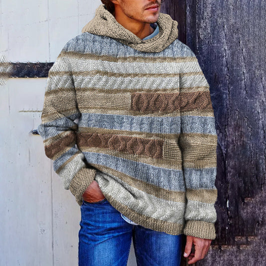 Men'S Color Block Knitted Jacquard Cozy Hoodie Sweater artswardrobe