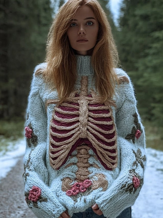 Female Anatomy Art And Flower Vintage Coarse Needle High Collar Sweater artswardrobe