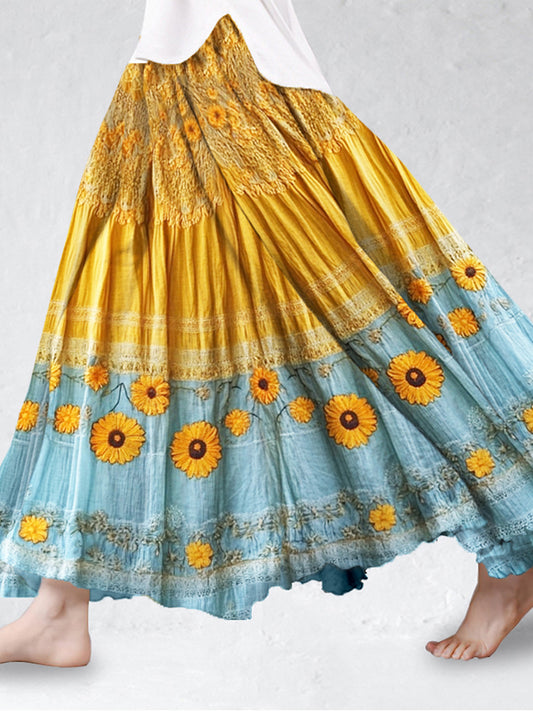 Boho Sunflowers Embroidered Flowy Linen Skirt artswardrobe
