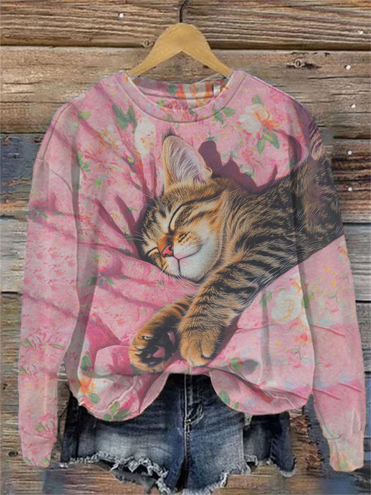 Women's Casual Japanese Art Black Cat Print Sweatshirt elevenforest