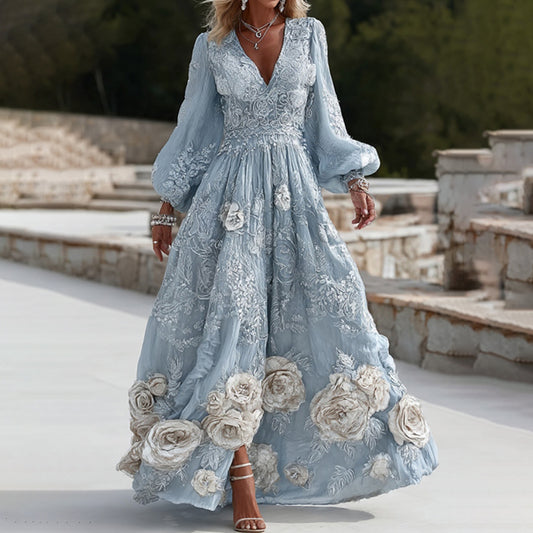 Comstylish Women's Vintage Blue Floral Embroidery Long Sleeve Casual Maxi Dress