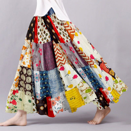 Vintage  Patchwork Pattern Flowy Wide Skirt artswardrobe
