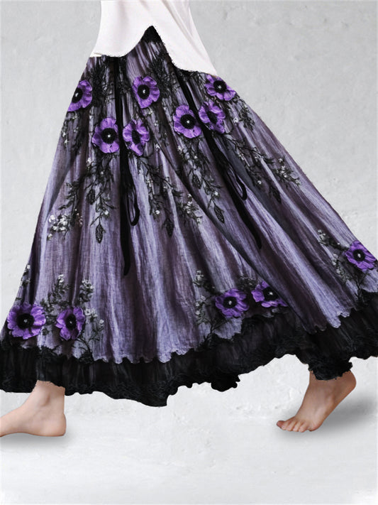 Purple Floral Lace Hem Layered Flowy Wide Skirt artswardrobe