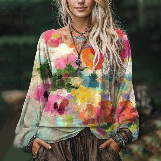 Comstylish Women's Vintage Flower Art Print Casual Cotton And Linen Shirt