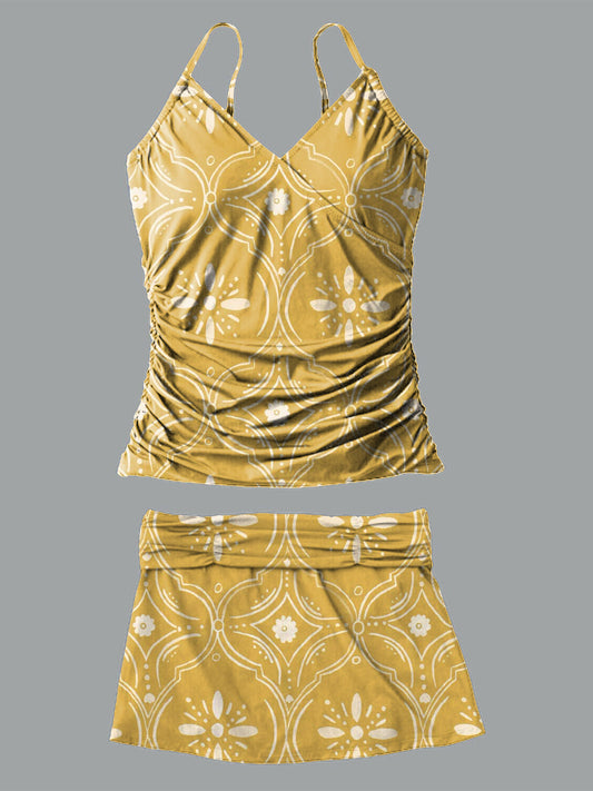 Yellow Pattern V-Neck Vintage Flowers Print Suspender Skirt Tankini Pantskirt Set Swimsuit
