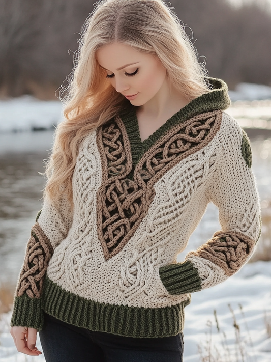Women's Irish Celtic Knotted Jacquard Pocket Ireland's Hooded Sweater elevenforest