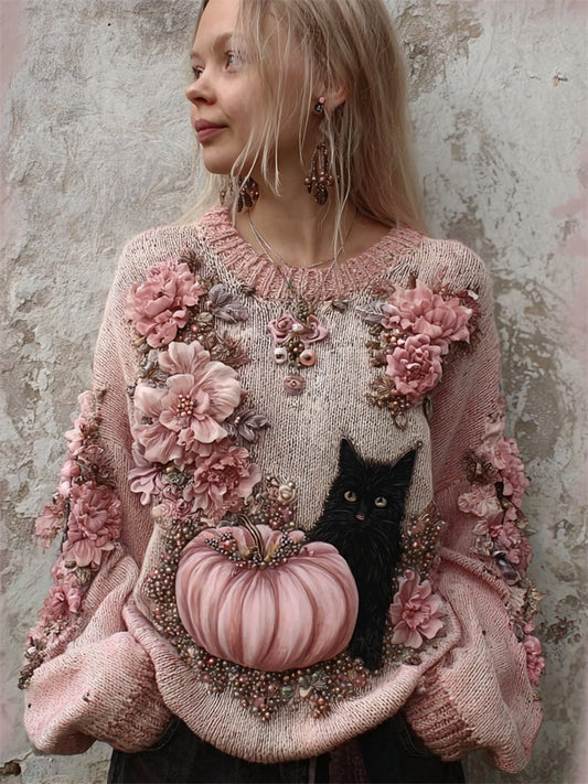 Black Cat & Pink Pumpkin Floral Beaded Cozy Knit Sweater elevenforest