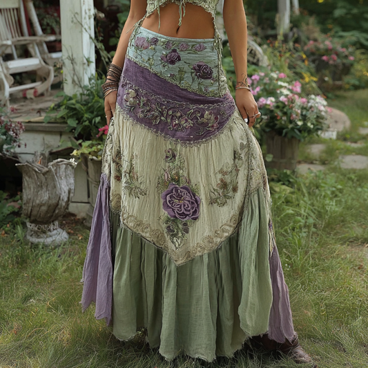 Vintage Classy Gradient Purple Lavender And Floral Embroidered Boho Half-length Skirt artswardrobe