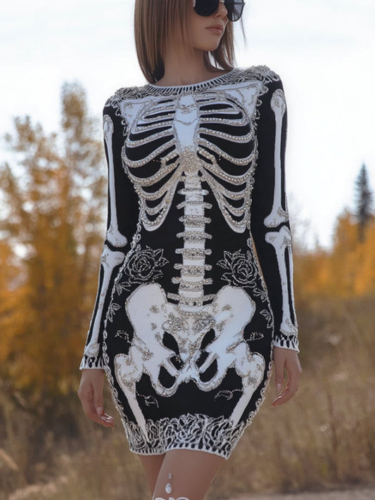Women's Ancient Halloween Anatomy Art And Rose Knitted Round Neck Dress artswardrobe