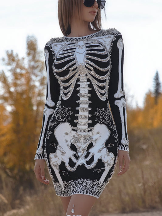 Comstylish Women's Ancient Halloween Anatomy Art And Rose Knitted Round Neck Dress