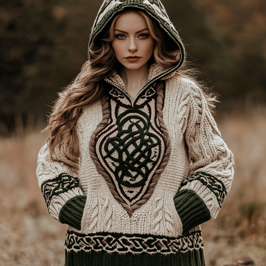 Women's Irish Pattern Jacquard Pocket Cozy Hooded Sweater artswardrobe