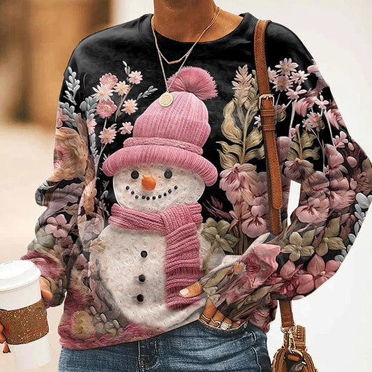 Comstylish Abstract Creative Christmas Snowman Art Print Crew Neck Casual Sweatshirt
