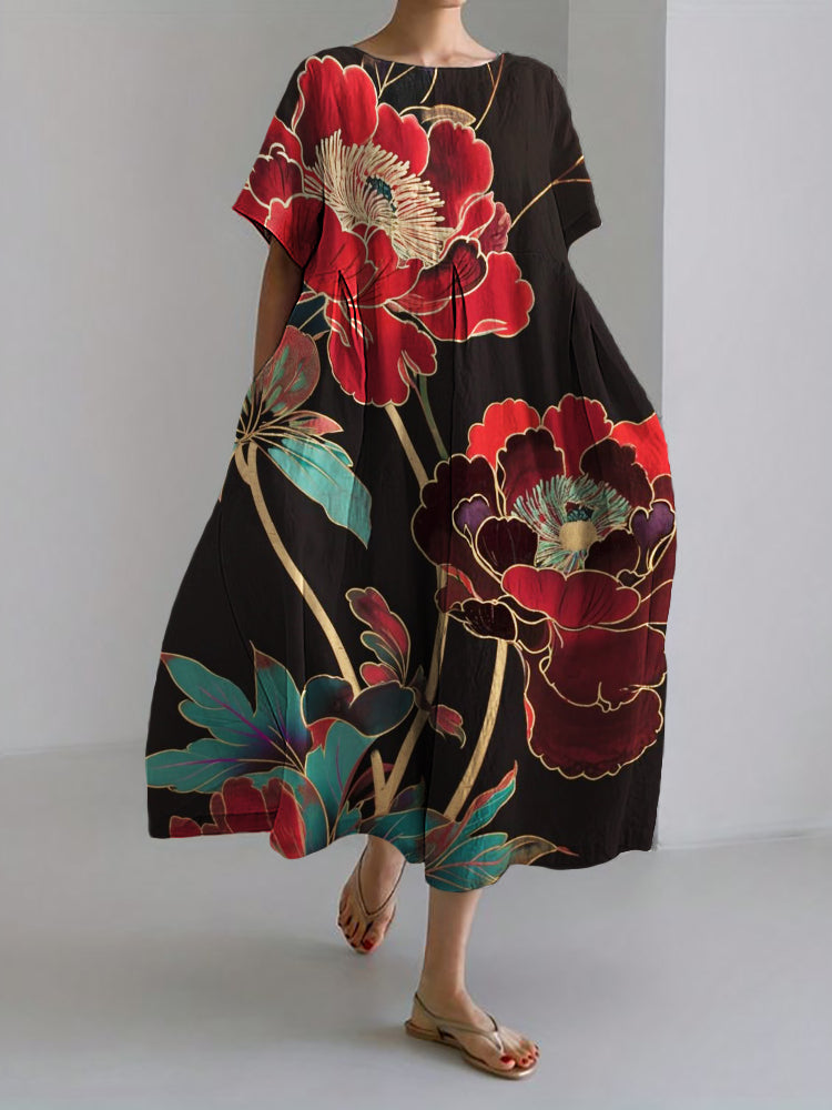 Comstylish Classy Flowers Japanese Art Linen Blend Maxi Dress