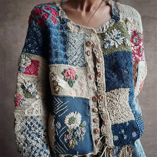 Vintage Floral Japanese Sashiko Art Patchwork Cozy Knit Cardigan artswardrobe