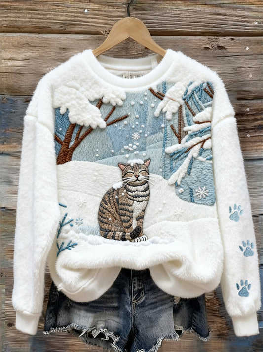 Comstylish Lovely Cat In Snowy Forest Cozy Plush Sweatshirt