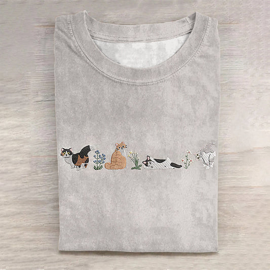 Women's Retro Funny Cat Art Short Sleeve T-shirt elevenforest