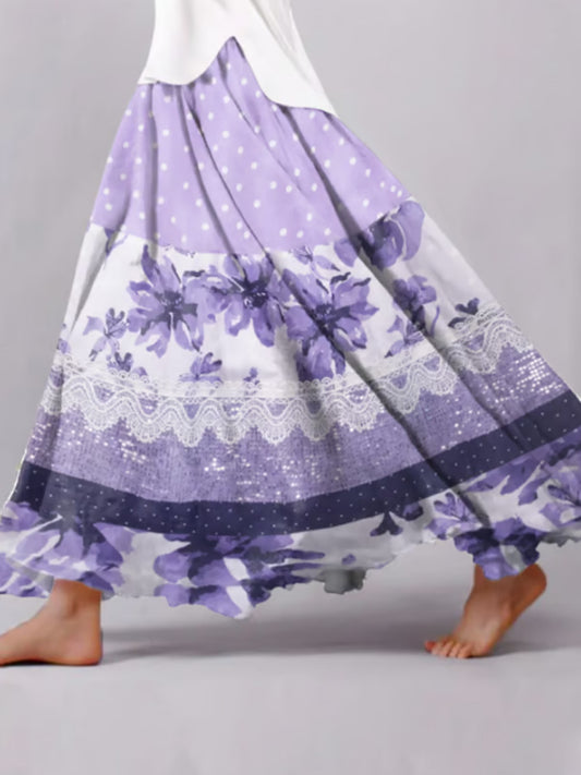 Women's Retro Casual Purple Floral Splicing Skirt artswardrobe