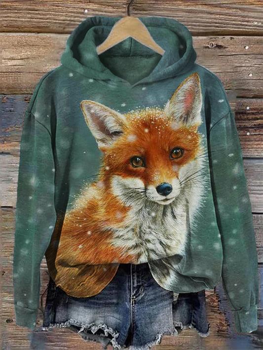 Fuzzy Fox in the Snow Art Cozy Hoodie artswardrobe