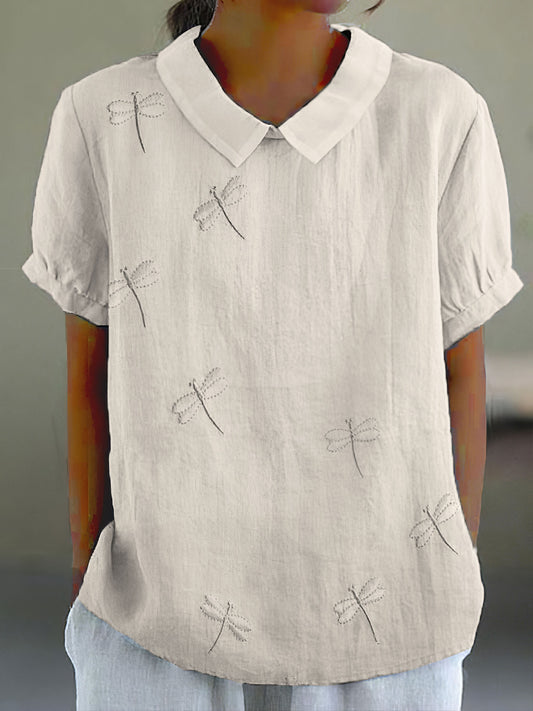 Comstylish Women's Vintage Dragonfly Embroidery Art Casual Lapel Shirt