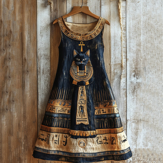 Comstylish Vintage Ancient Egyptian Bastet Art Black Cat Graphics Linen Sleeveless Maxi Dress