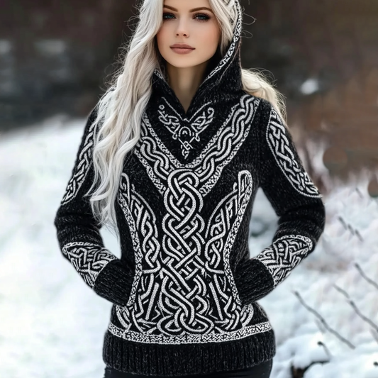 Women's Viking Celtic Pattern Cozy Hooded Sweater elevenforest