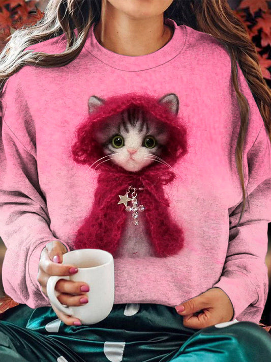 Christmas Poncho Felt Cat Print Women's Sweatshirt elevenforest
