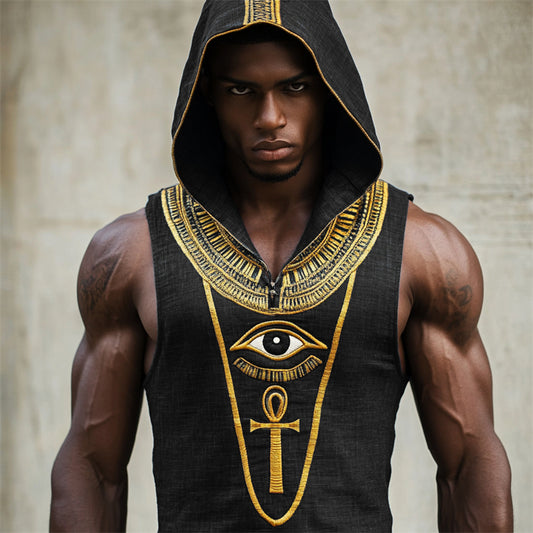 Men's Eye Of Horus Ankh Ancient Egyptian Hooded Linen Tank artswardrobe