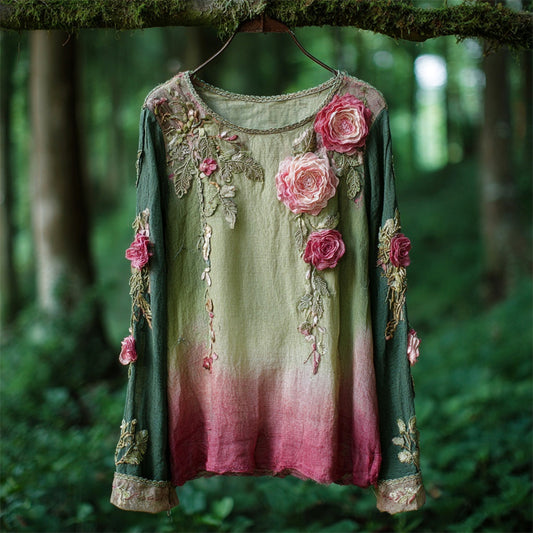 Vintage Gauzy Floral Embroidery Women's Round Neck Long Sleeve T-shirt artswardrobe
