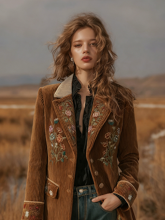 Comstylish Women's Retro British Style Plant Flower Embroidery Velvet Suit Coat