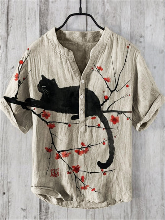Black Cat On Plum Blossom Branch Japanese Art Linen Shirt elevenforest