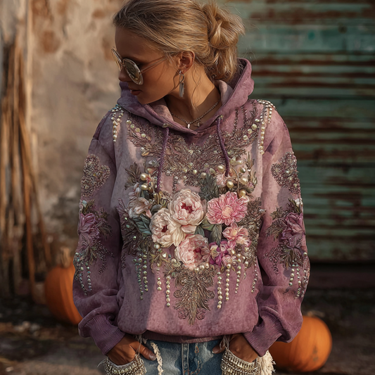 Comstylish Bohemian Style Plant And Flower Embroidery Pattern Women's Hooded Sweatshirt