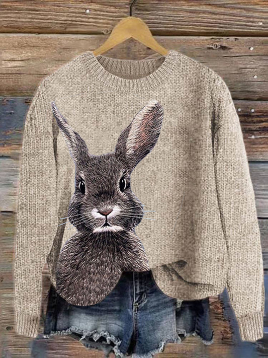 Cute Bunny Embroidery Art Cozy Knit Sweater artswardrobe
