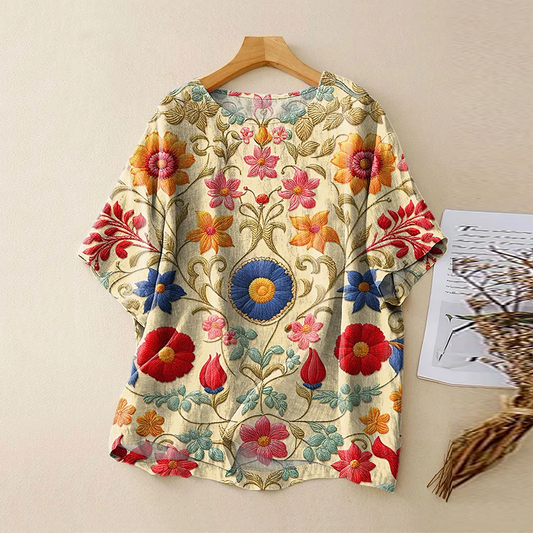 Vintage Bohemian Ethnic Colorful Floral Linen Art Print Short Sleeve Round Neck Shirt artswardrobe
