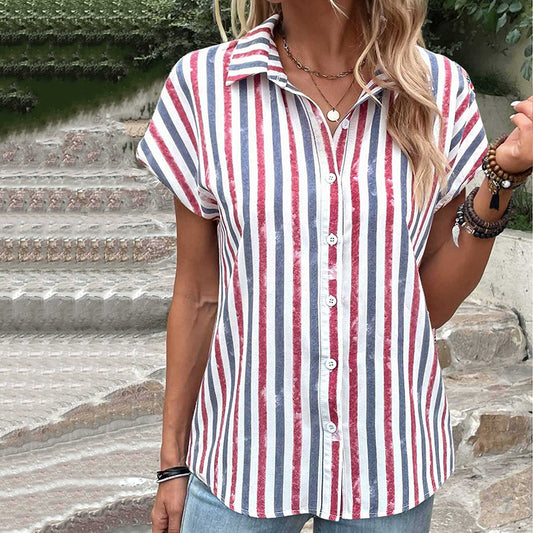 Women's Vintage Blue And Red Striped Independence Day Cotton And Linen Shirt artswardrobe