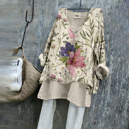 Comstylish Vintage Floral Pattern Print Comfy Linen Tunic