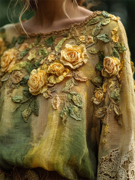Comstylish Vintage Yellow Roses Lace Hem Dyed Linen Tunic