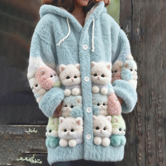 Comstylish Cute Colorful Cat Art Plush Hooded Cardigan