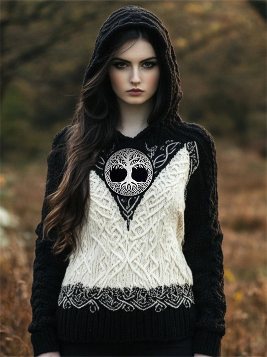 Viking Tree Of Life Contrast Color Cozy Hooded Sweater elevenforest