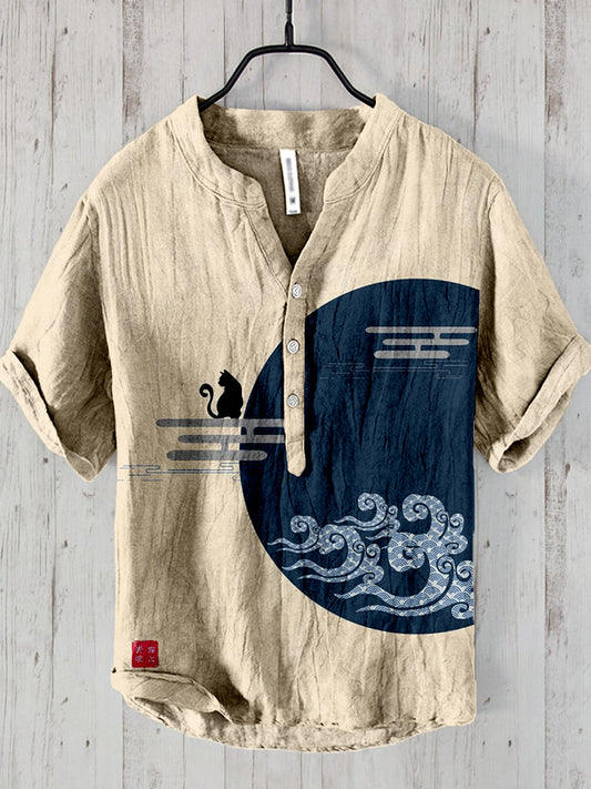 Japanese Ocean Waves & Cat Art Linen Blend Shirt elevenforest