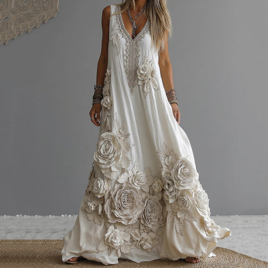 Women's Vintage White Rose Embroidered V-neck Sleeveless Maxi Dress artswardrobe