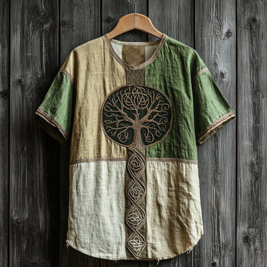 Men's Viking Celtic Tree Of Life Art Patchwork Linen T-shirt artswardrobe
