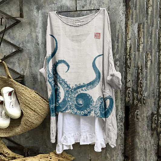 Comstylish Vintage Japanese Art Octopus Cozy Linen Blend Shirt