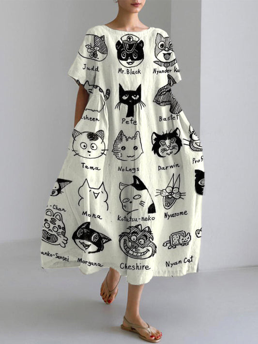 Cute Black Cat Print  Linen Blend Maxi Dress elevenforest