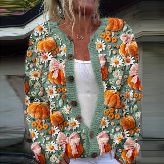 Vintage Embroidered Pumpkin Art Cozy Casual Sweater artswardrobe