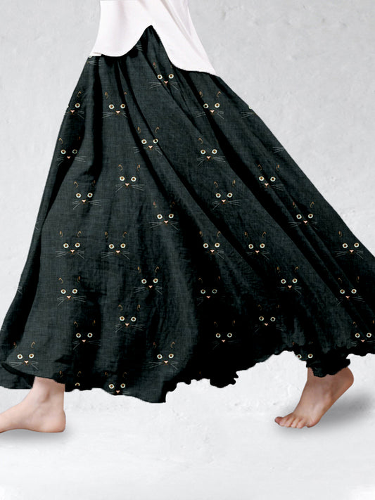 Comstylish Cute Cat Face Pattern Linen Blend Flowy Wide Skirt