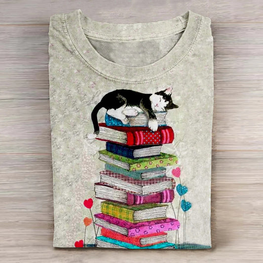 Comstylish Cat Sleep At Books Print Casaul Short Sleeve T-Shirt