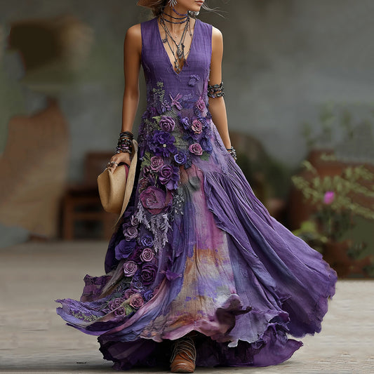 Vintage Embroidered Floral Color-changing Patchwork Maxi Dress artswardrobe
