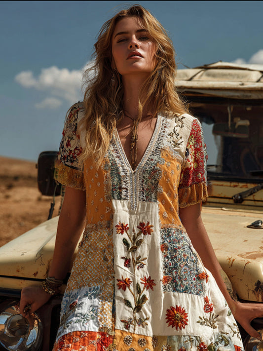 Bohemian Floral Pattern Multi-colored Patchwork Three-dimensional Embroidery Vintage Color V-neck Short-sleeved Long Dress artswardrobe