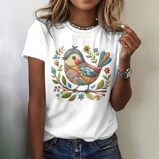 Comstylish Women's Vintage Bird And Floral Art Casual T-shirt